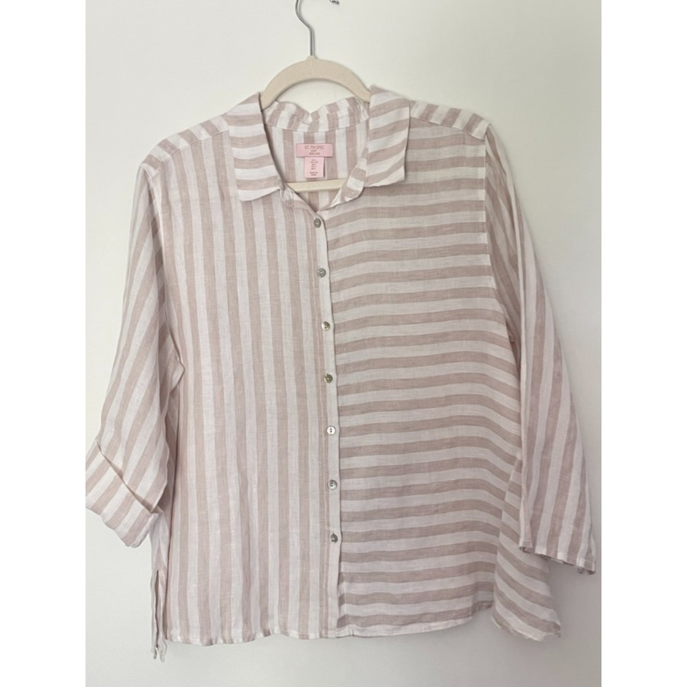 St. Tropez 100% Linen Neutral Beach Minimalist Button Shirt Women’s Large d128 - Picture 10 of 12